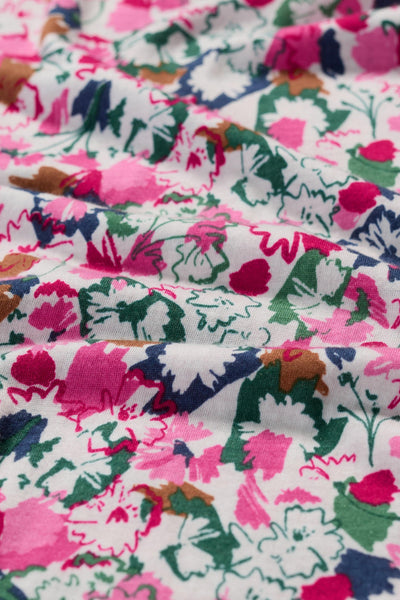 Close-up of the shirt's fabric texture, emphasising the intricate floral pattern and the organic cotton and modal blend.