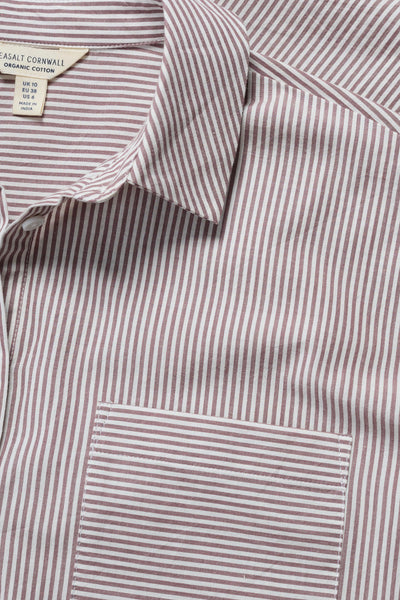 Close-up of a striped shirt with a visible Seasalt label 
