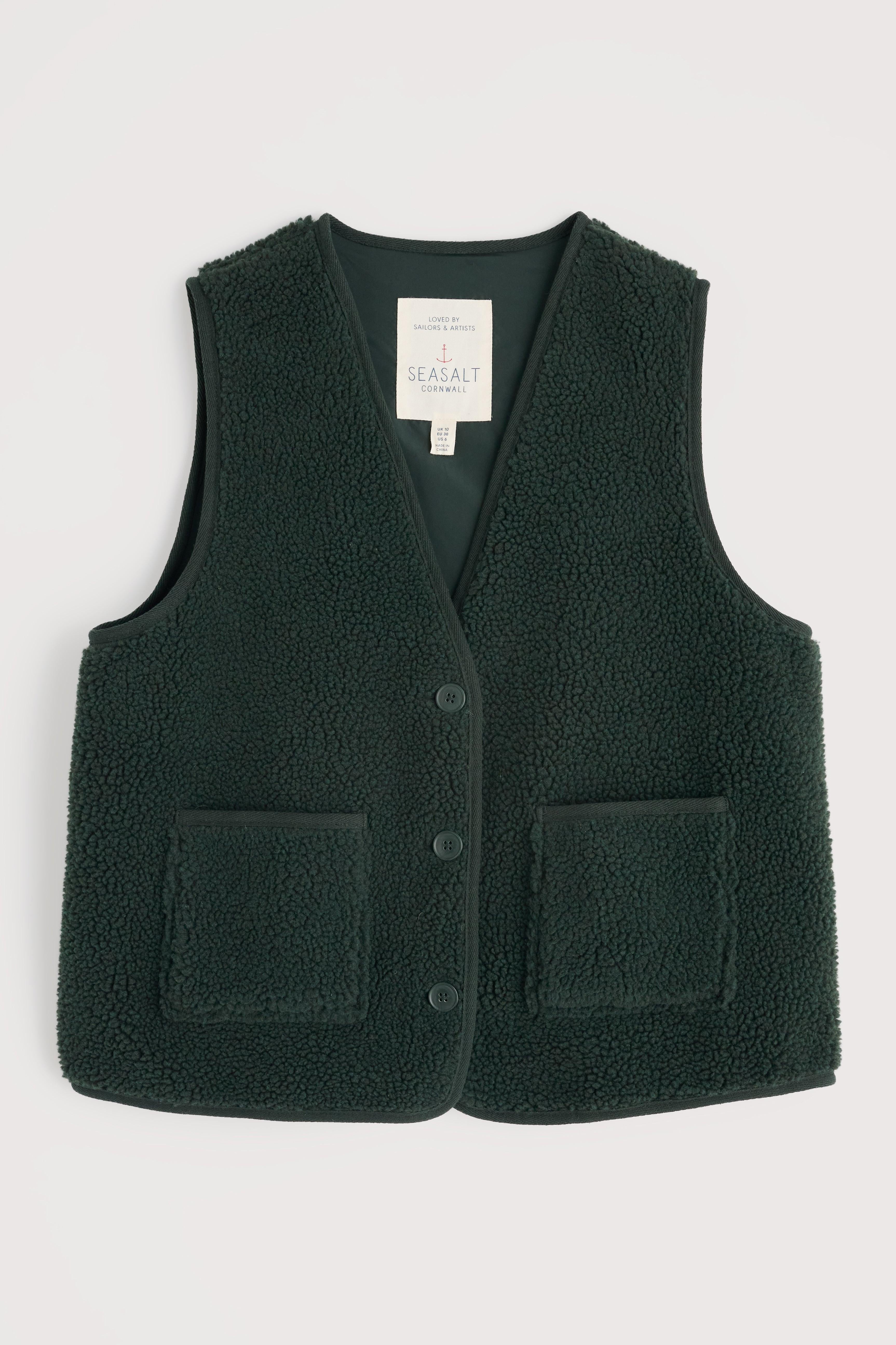 Dark green fleece vest with button details and pockets on a light gray background