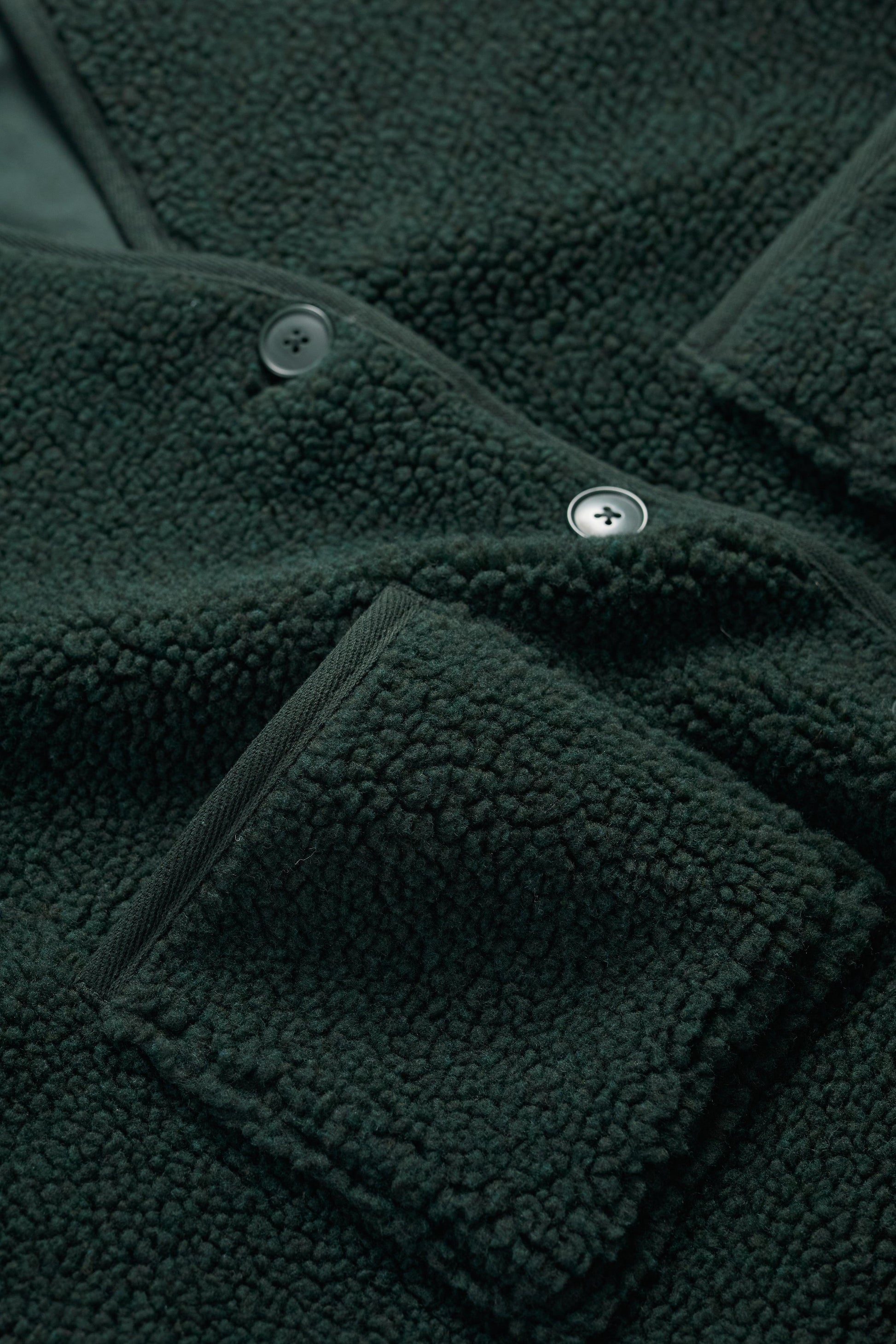 Close-up of a dark green fleece jacket with button details