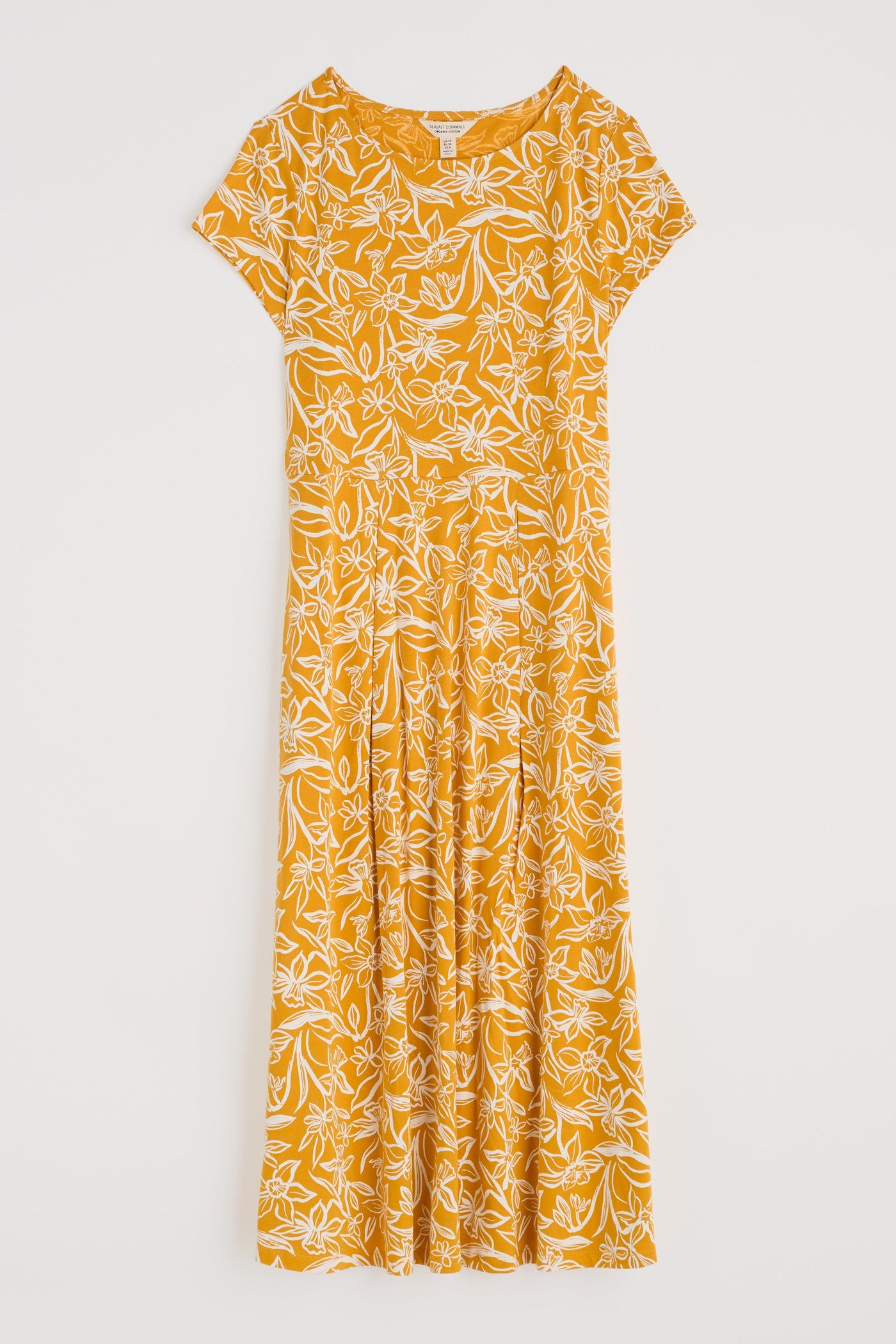 Flat lay of the Wild Bouquet Dress in Painted Daffodil Turmeric, showing shape and pattern clearly.