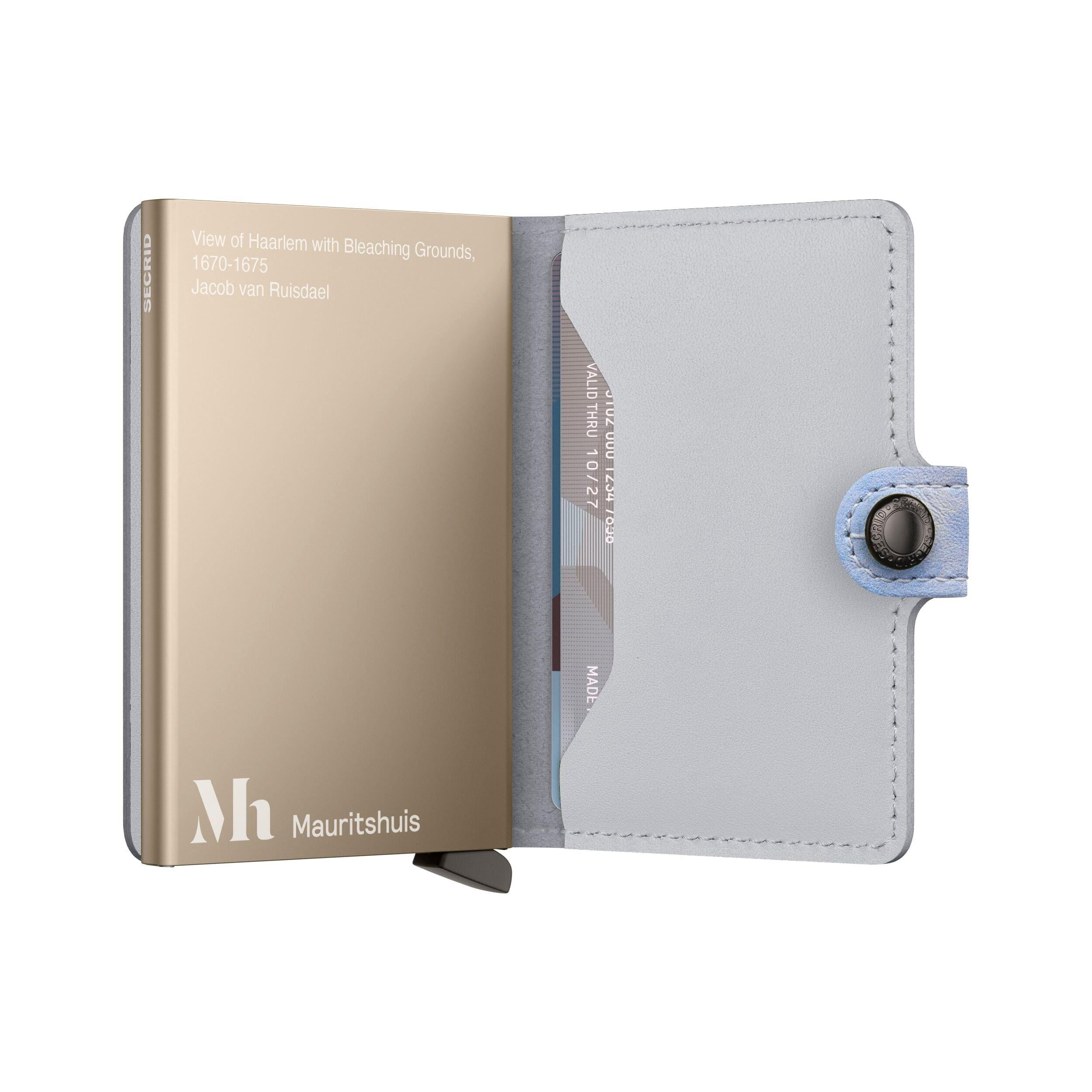 Gold and gray wallet with 'Mauritshuis' branding on a white background
