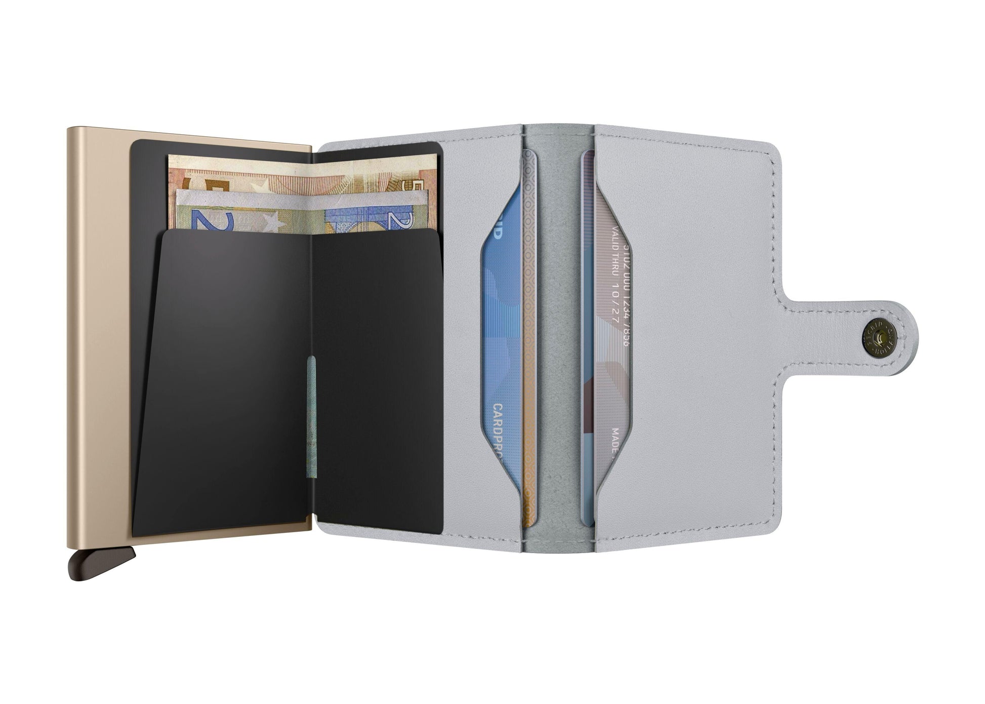 Open wallet showing card slots and cash compartment on a white background