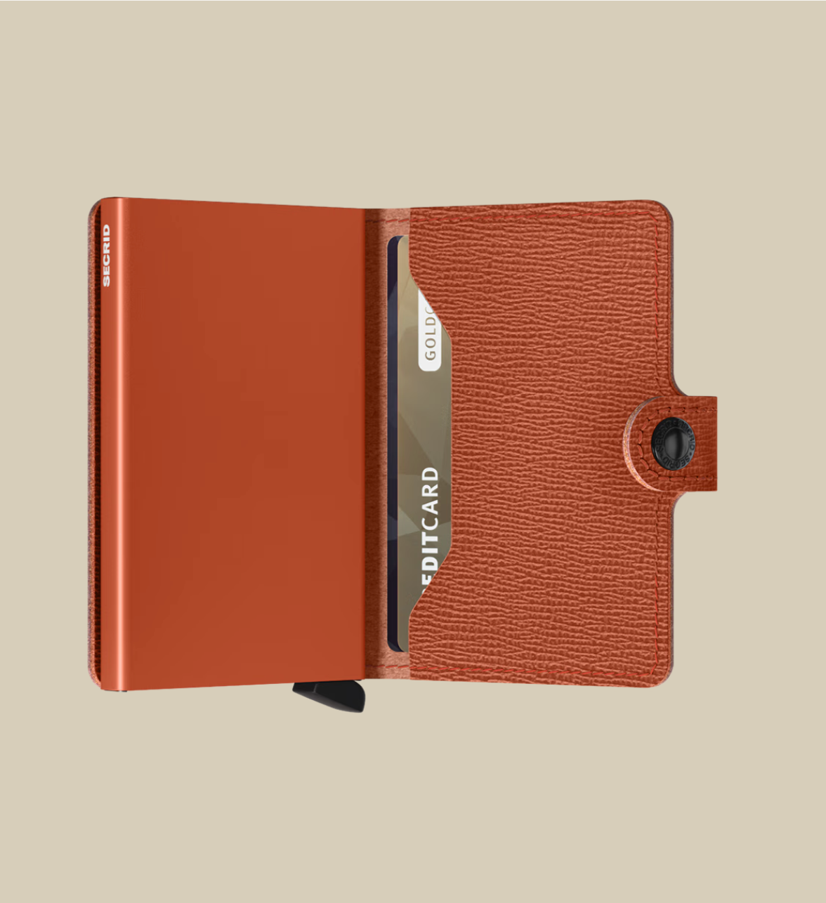 Orange wallet with card holder on a beige background