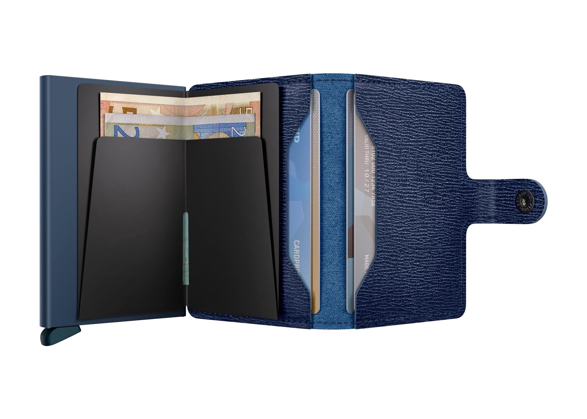 Blue wallet with card slots and cash pocket on a white background