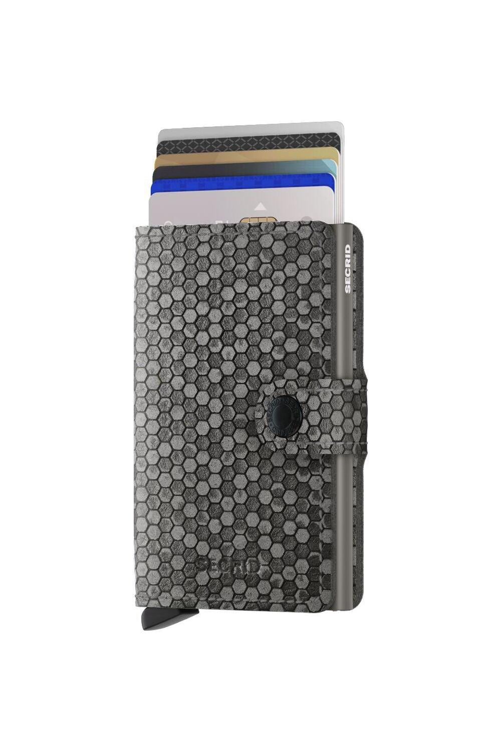 Hexagonal patterned wallet with cards on a white background