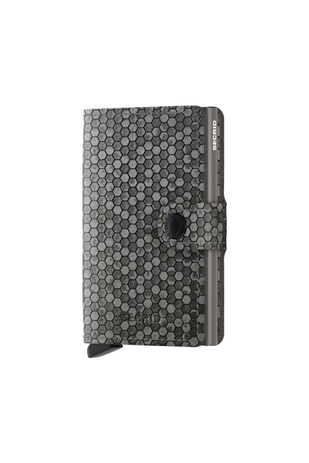 Black patterned wallet with a metallic finish on a white background