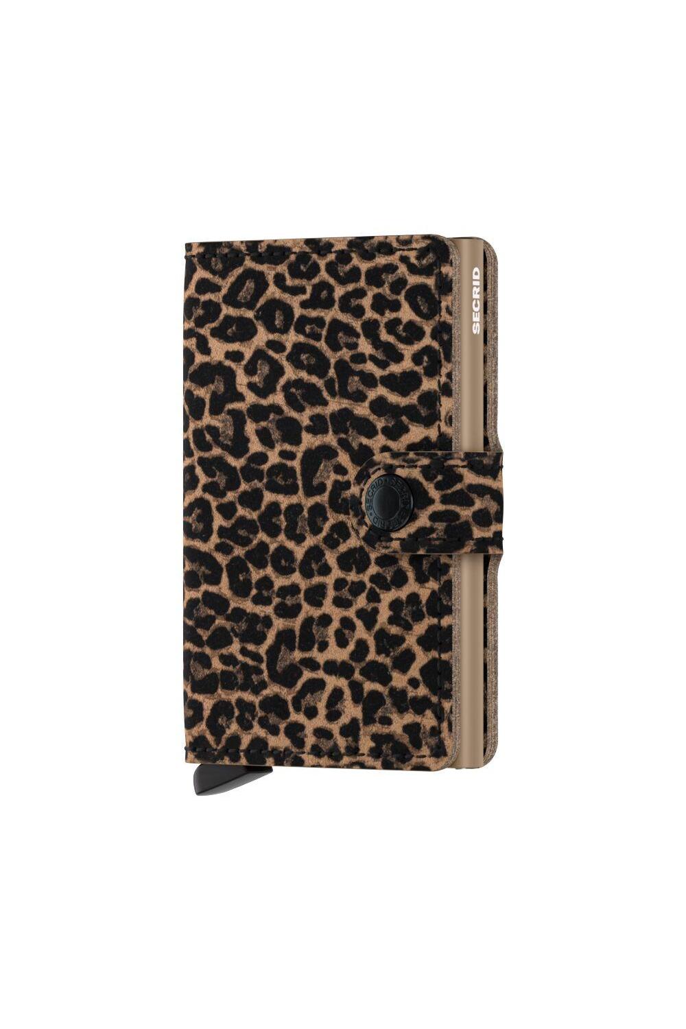 Leopard print wallet with a metallic finish on a white background