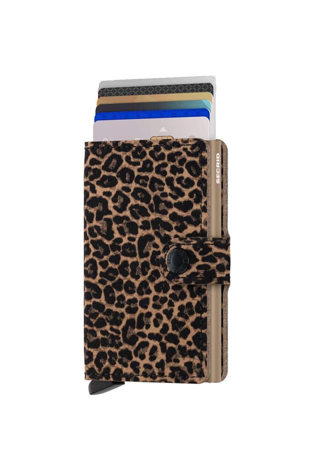 Leopard print wallet with card slots on a white background
