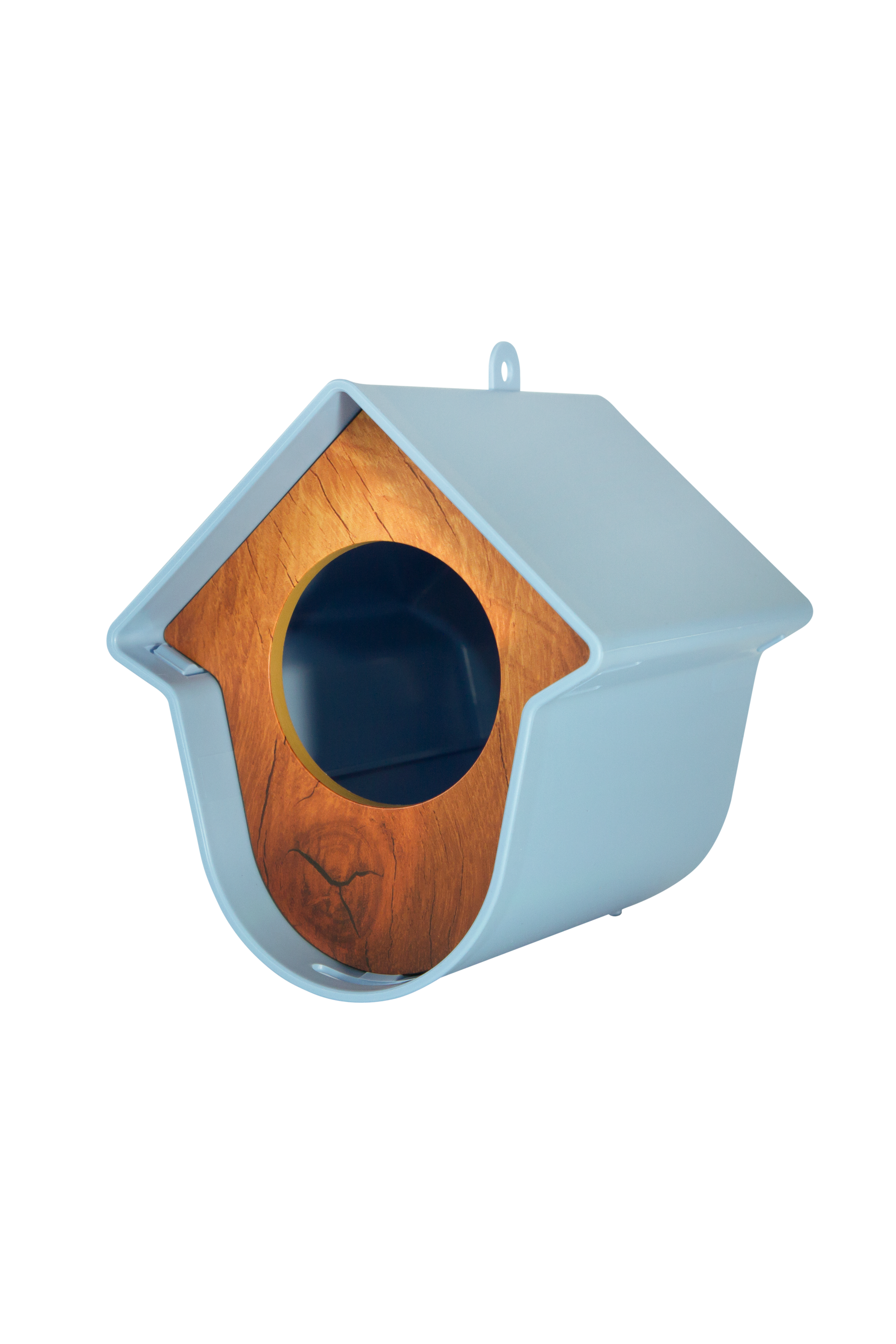 Birdhouse with wooden interior and light blue exterior on a white background