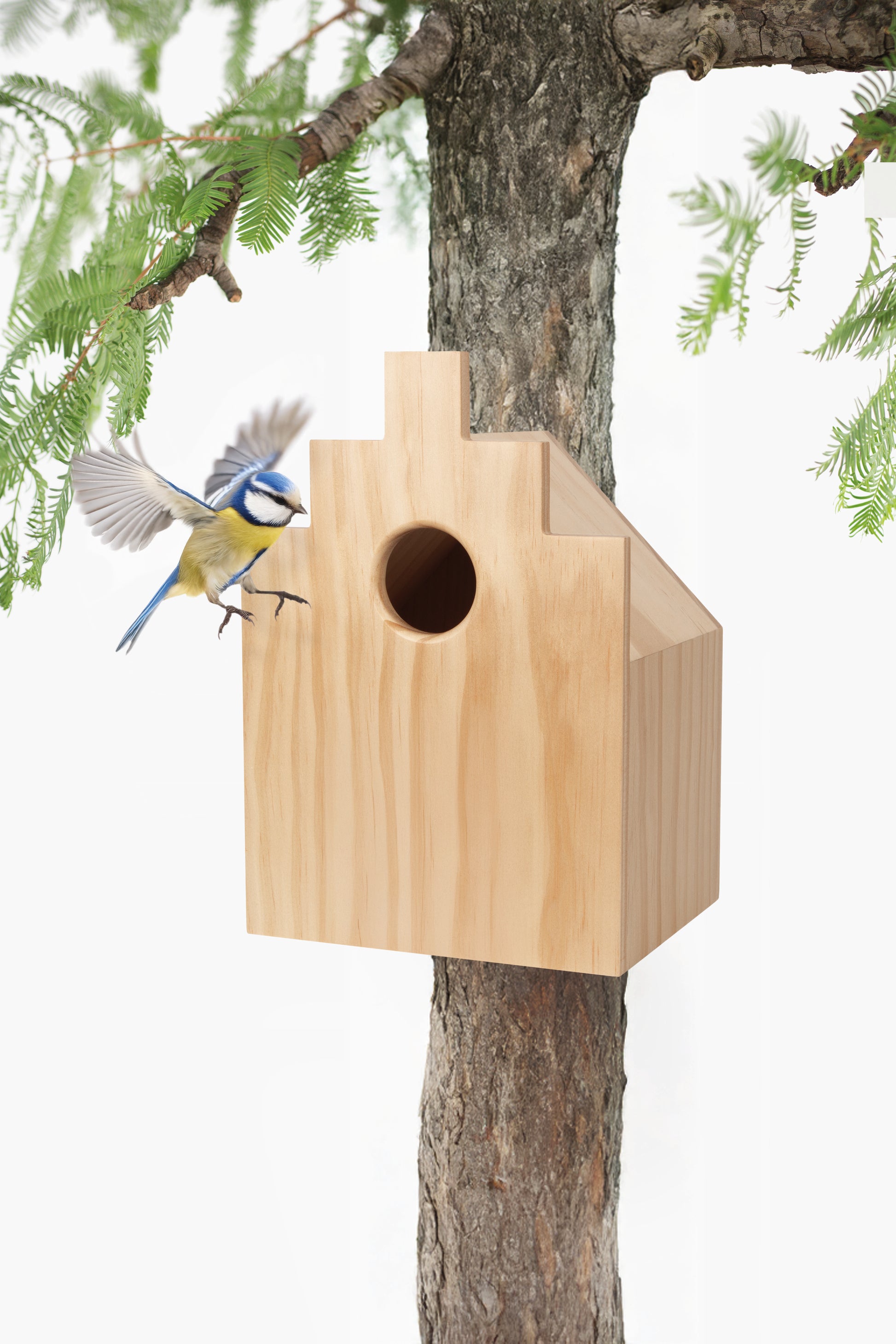 Wooden birdhouse attached to a tree with a bird perched on it