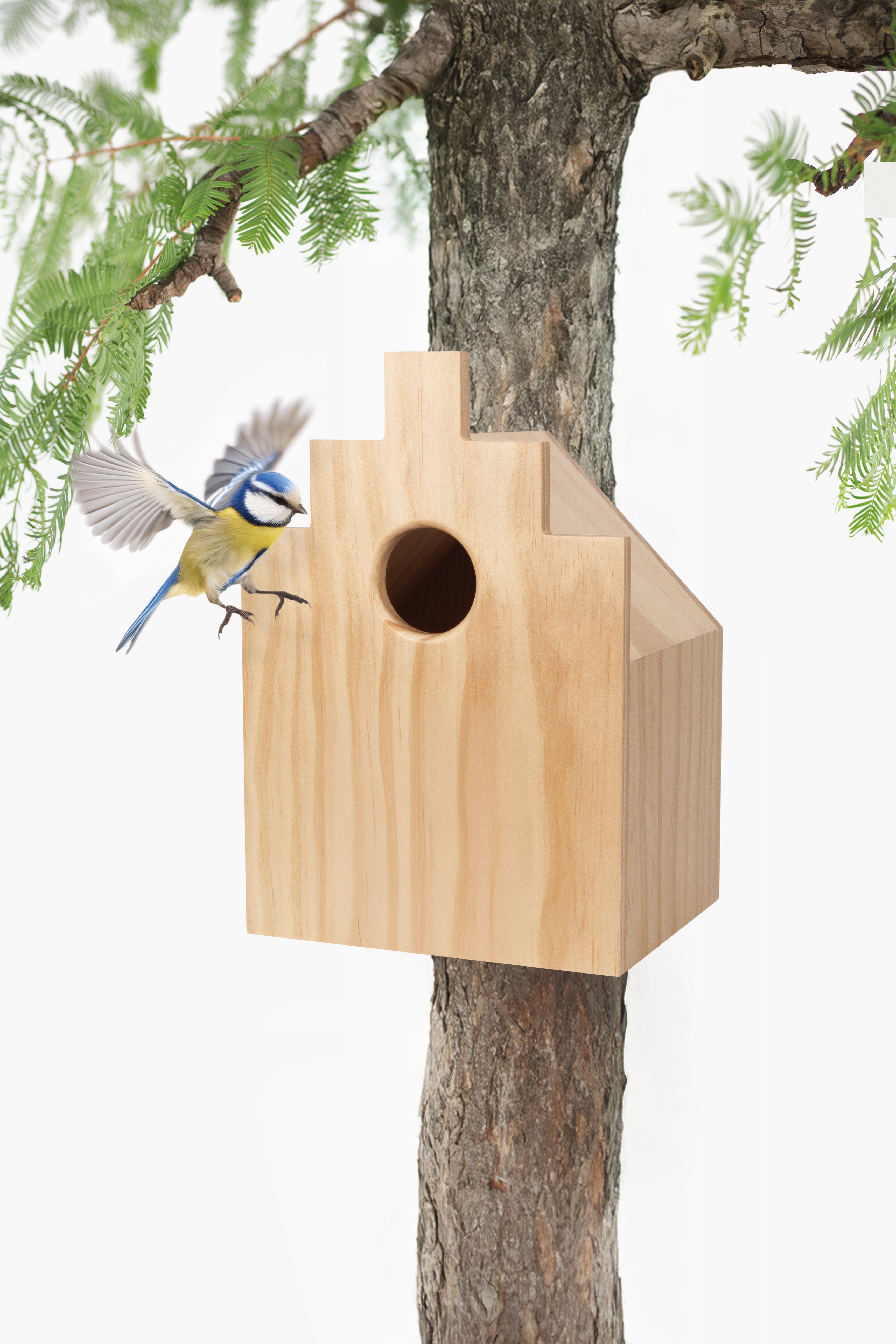 Wooden birdhouse attached to a tree with a bird perched on it
