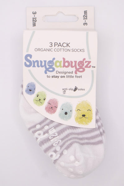 Snugabugz 3 Pack Stay On Socks - Grey Stripe-Kids-Ohh! By Gum - Shop Sustainable