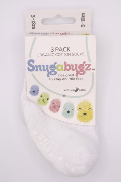 Snugabugz 3 Pack Stay On Socks - White-Kids-Ohh! By Gum - Shop Sustainable