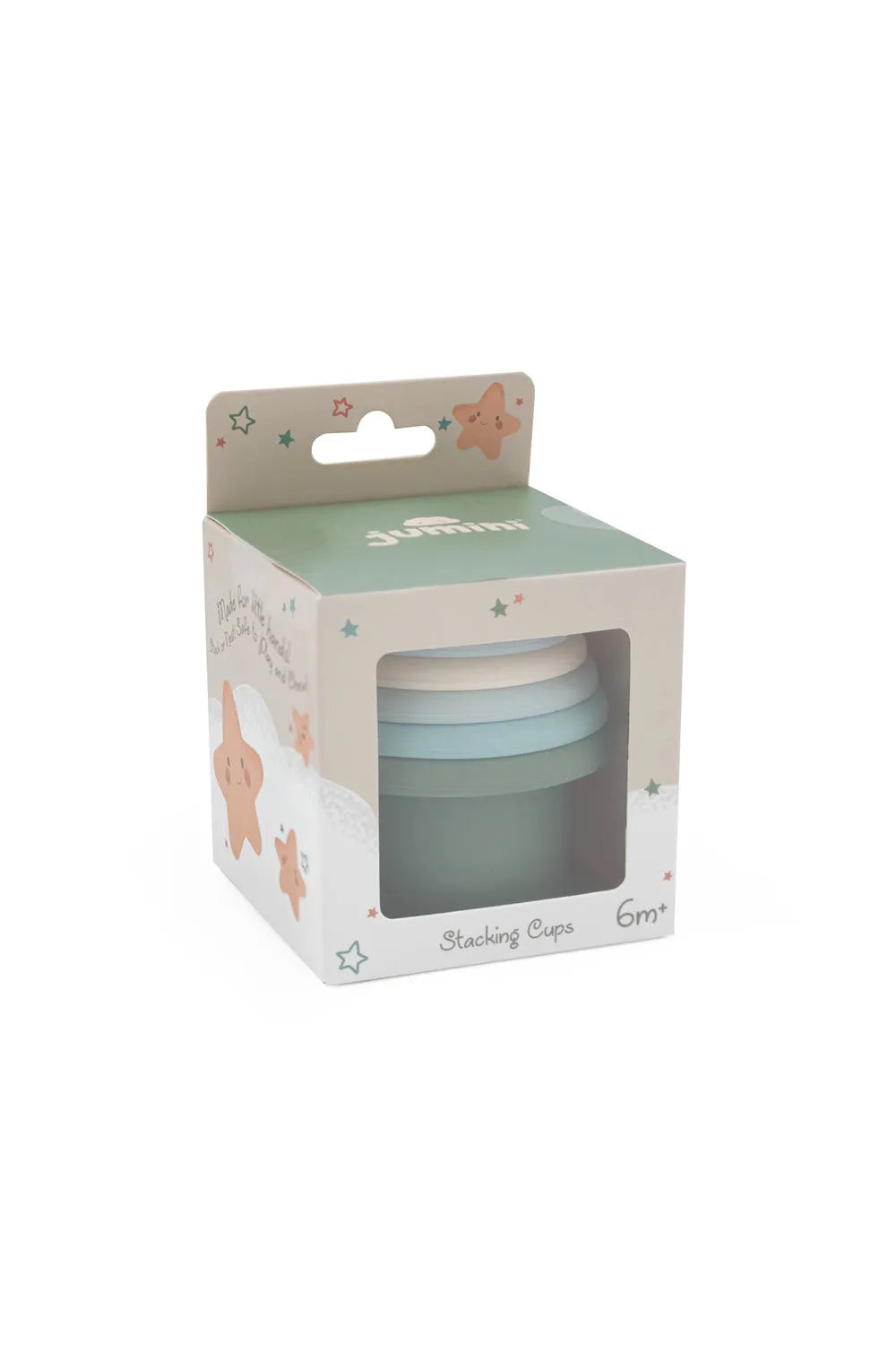 Set of stacking cups in a branded box on a white background