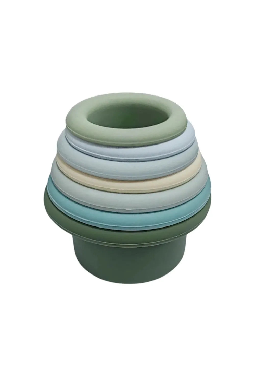 Stack of colorful silicone cups on a white background