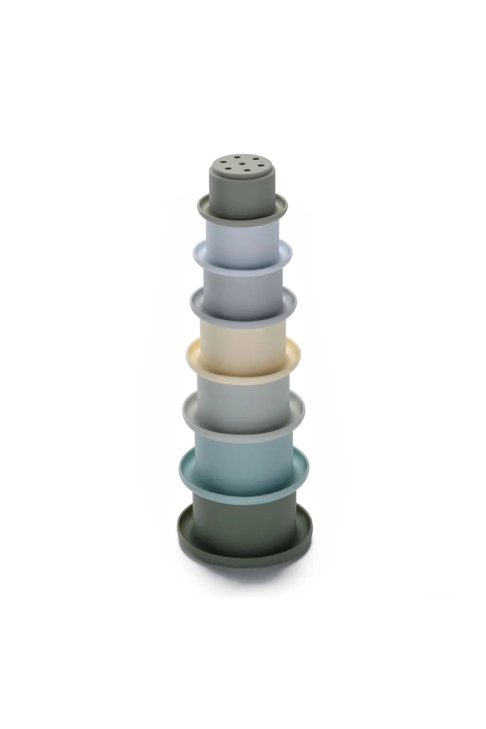 Stack of colorful stacking cups on a white background