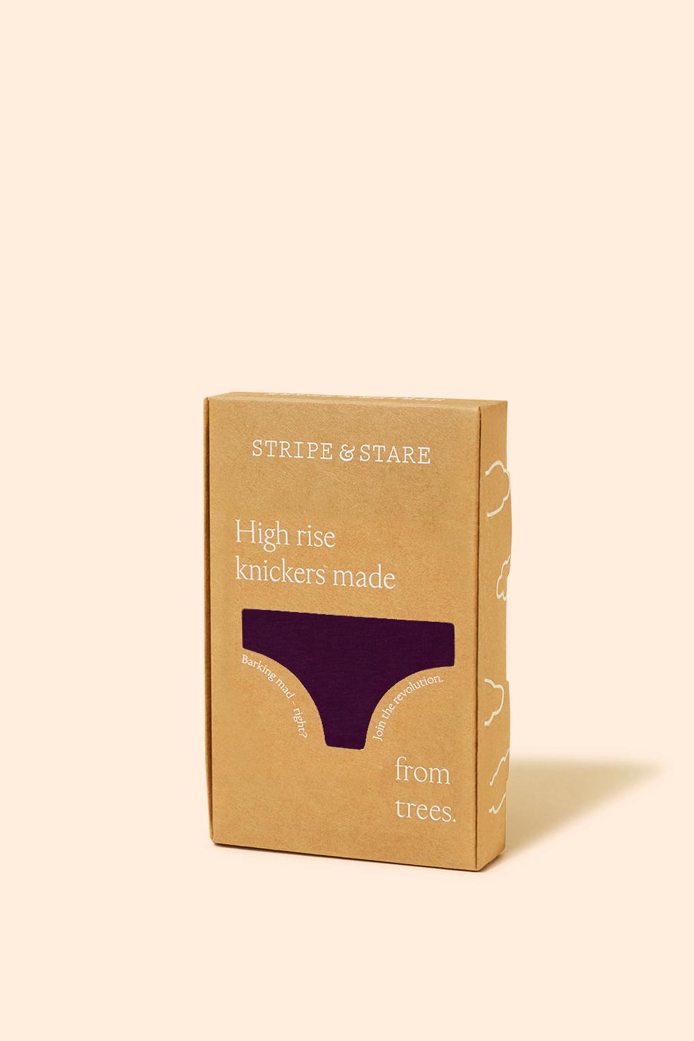 Box of high rise knickers made from trees with 'Stripe & Stare' branding on a beige background