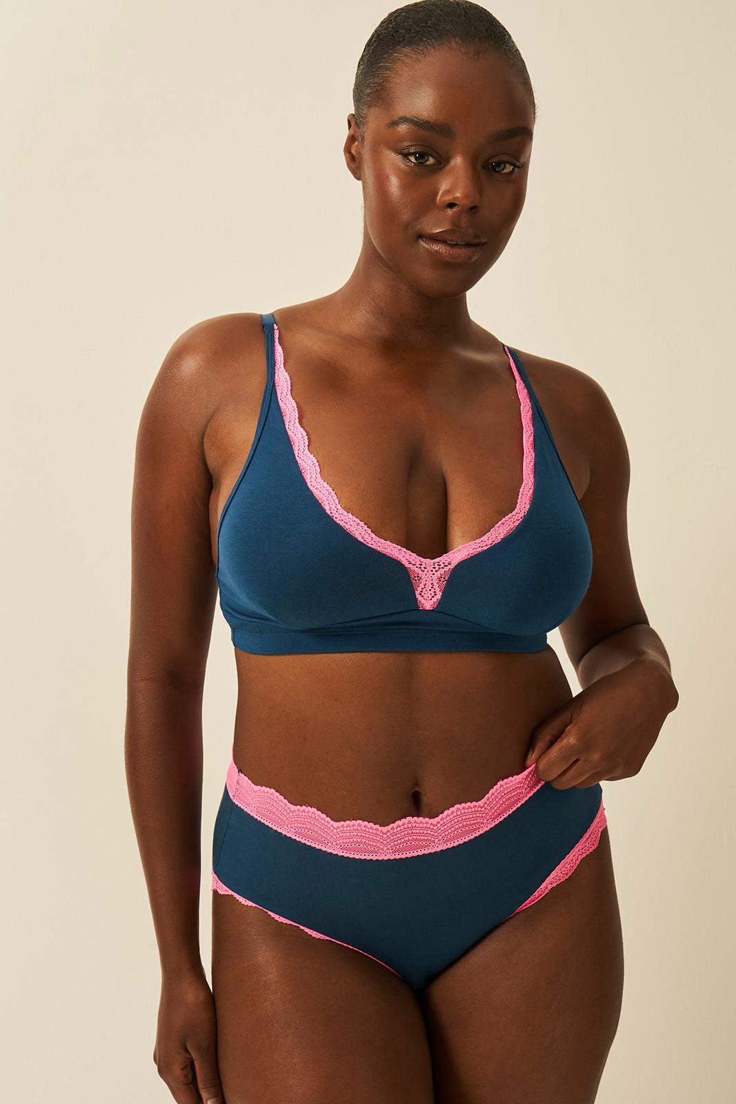 Stripe & Stare Plunge Lace Bra - Midnight Neon Pink