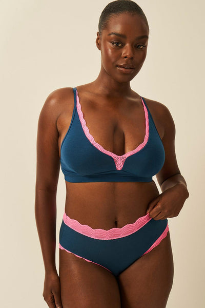Stripe & Stare Plunge Lace Bra - Midnight Neon Pink