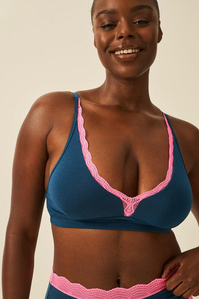 Stripe & Stare Plunge Lace Bra - Midnight Neon Pink