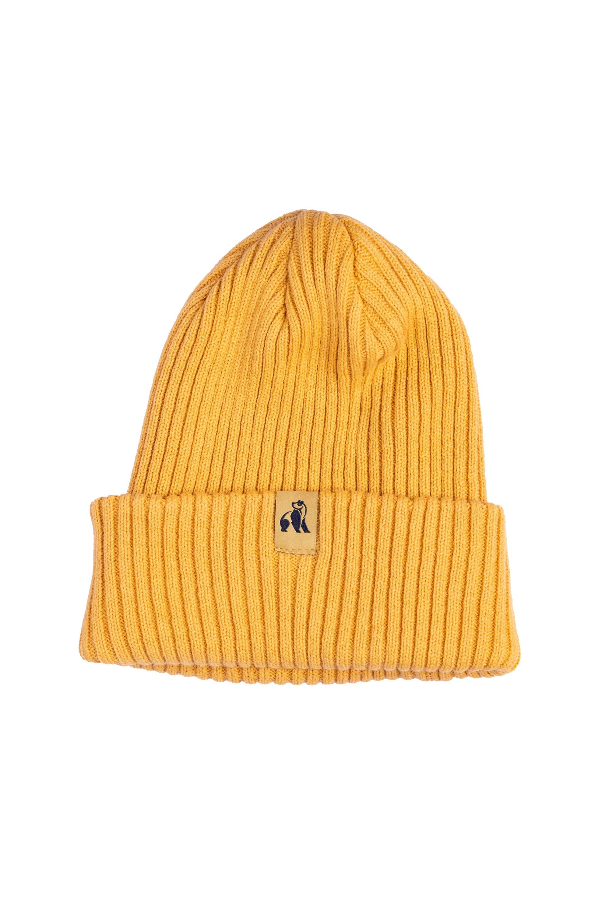 Yellow knit beanie with a brand logo on a white background