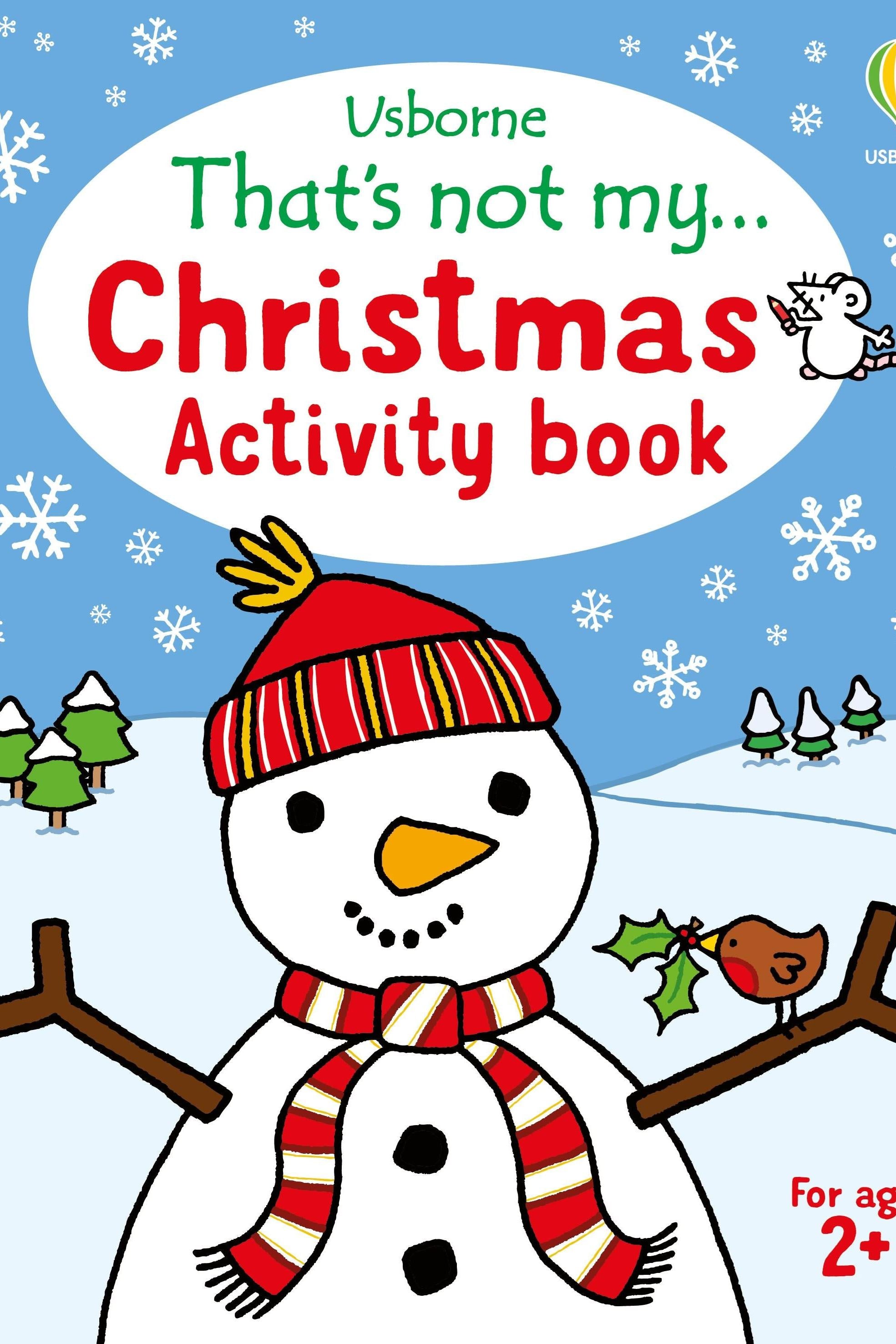 Book cover of 'That's Not My Christmas Activity Book' with a snowman and Christmas trees on a blue background.