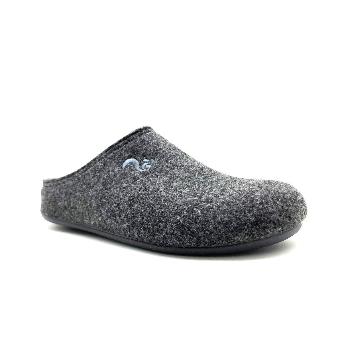 Gray recycled slipper with a brand logo on a white background