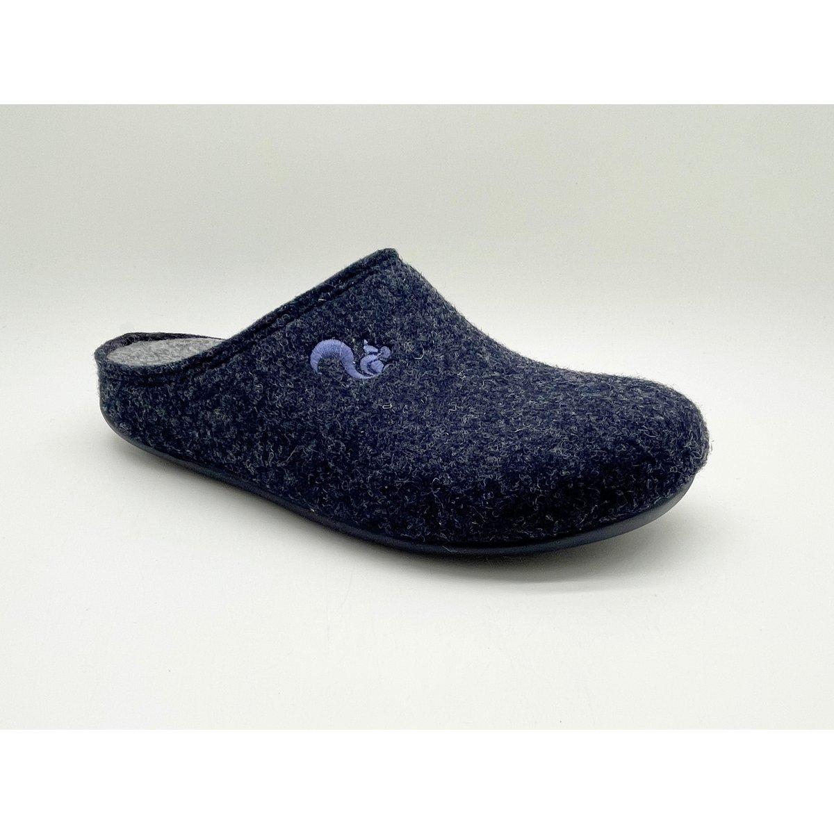 Navy blue slipper with a logo on a white background
