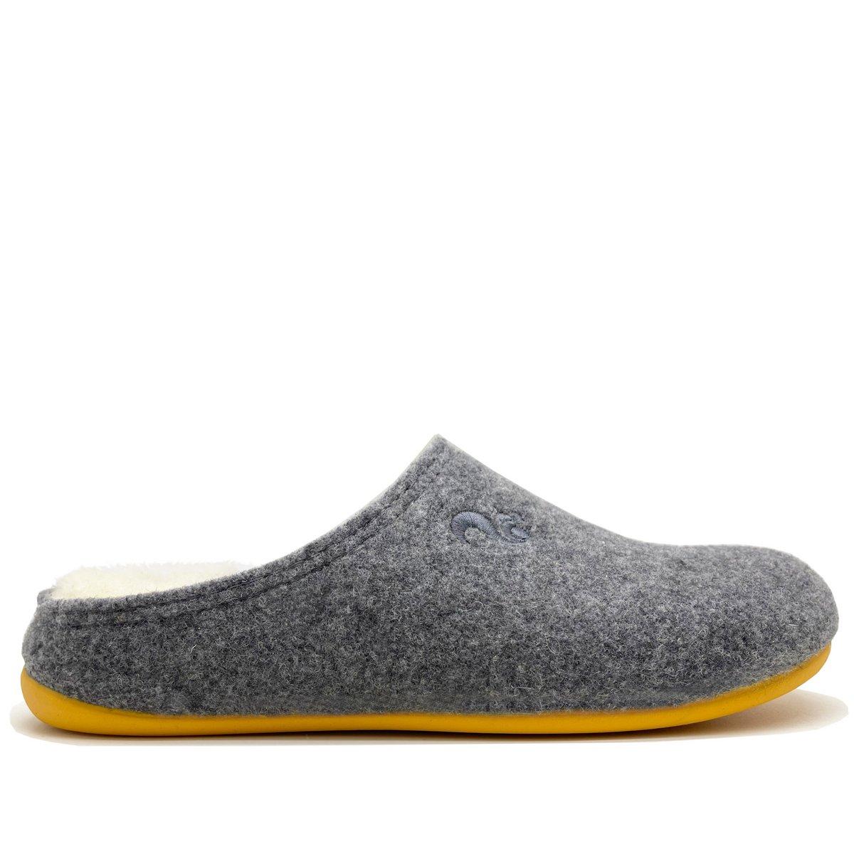 Gray slipper with yellow sole on a white background