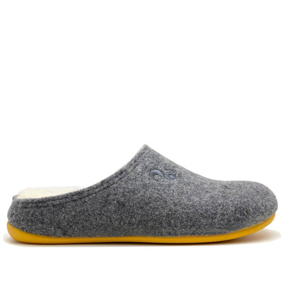 Gray slipper with yellow sole on a white background