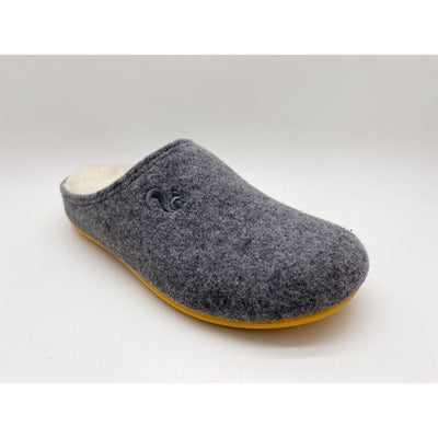 Gray wool slipper with a yellow sole on a white background