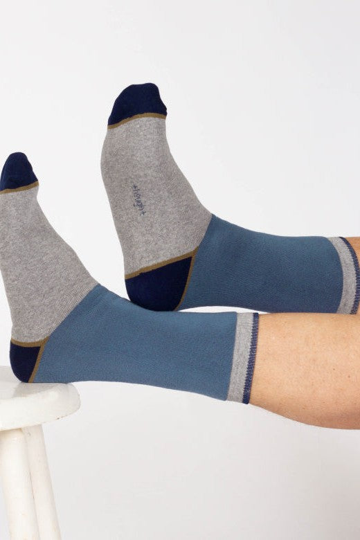 Thought Block Colour Walker Crew Socks in Grey/Blue-Mens-Ohh! By Gum - Shop Sustainable