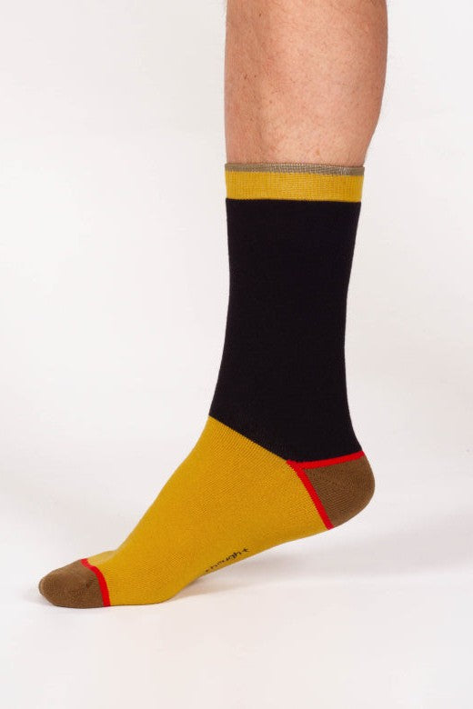 Thought Block Colour Walker Crew Socks in Mustard/Navy-Mens-Ohh! By Gum - Shop Sustainable