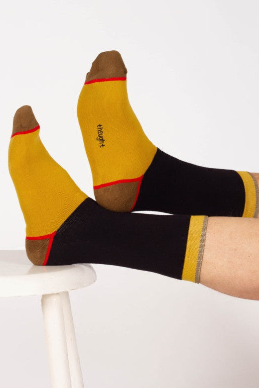 Thought Block Colour Walker Crew Socks in Mustard/Navy-Mens-Ohh! By Gum - Shop Sustainable