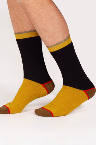 Thought Block Colour Walker Crew Socks in Mustard/Navy-Mens-Ohh! By Gum - Shop Sustainable