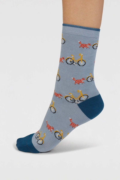 Thought Dilloyn Cat And Bike Organic Cotton Socks in Lake Blue-Womens-Ohh! By Gum - Shop Sustainable