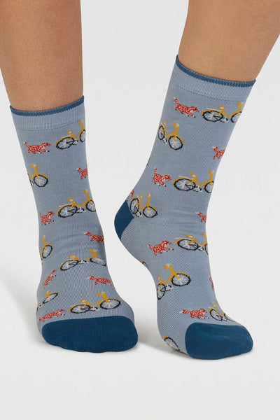 Thought Dilloyn Cat And Bike Organic Cotton Socks in Lake Blue-Womens-Ohh! By Gum - Shop Sustainable