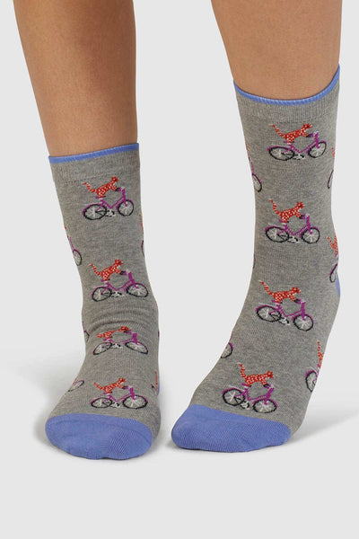 Thought Dilloyn Cat And Bike Organic Cotton Socks in Mid Grey Marle-Womens-Ohh! By Gum - Shop Sustainable