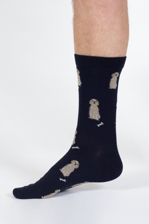 Thought Doggy Bamboo Crew Socks in Navy/Golden Retriever-Mens-Ohh! By Gum - Shop Sustainable