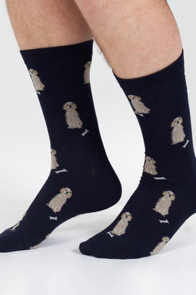 Thought Doggy Bamboo Crew Socks in Navy/Golden Retriever-Mens-Ohh! By Gum - Shop Sustainable