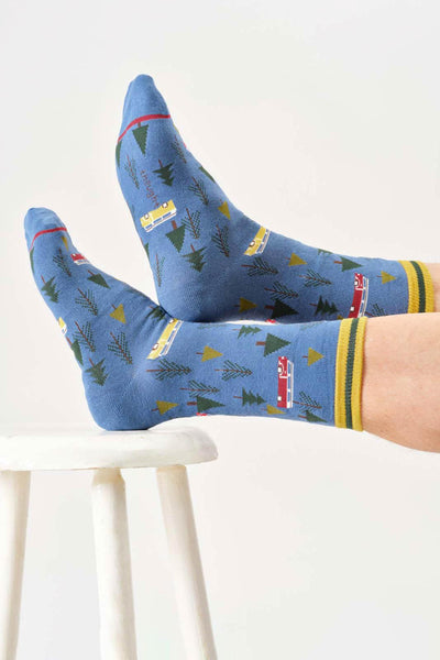 Thought Mens Camper Van Organic Cotton Crew Socks in Mid Blue
