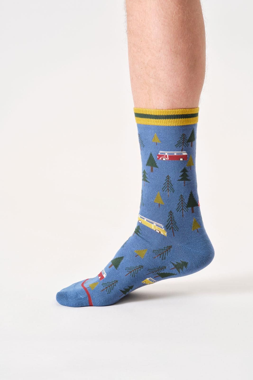 Thought Mens Camper Van Organic Cotton Crew Socks in Mid Blue