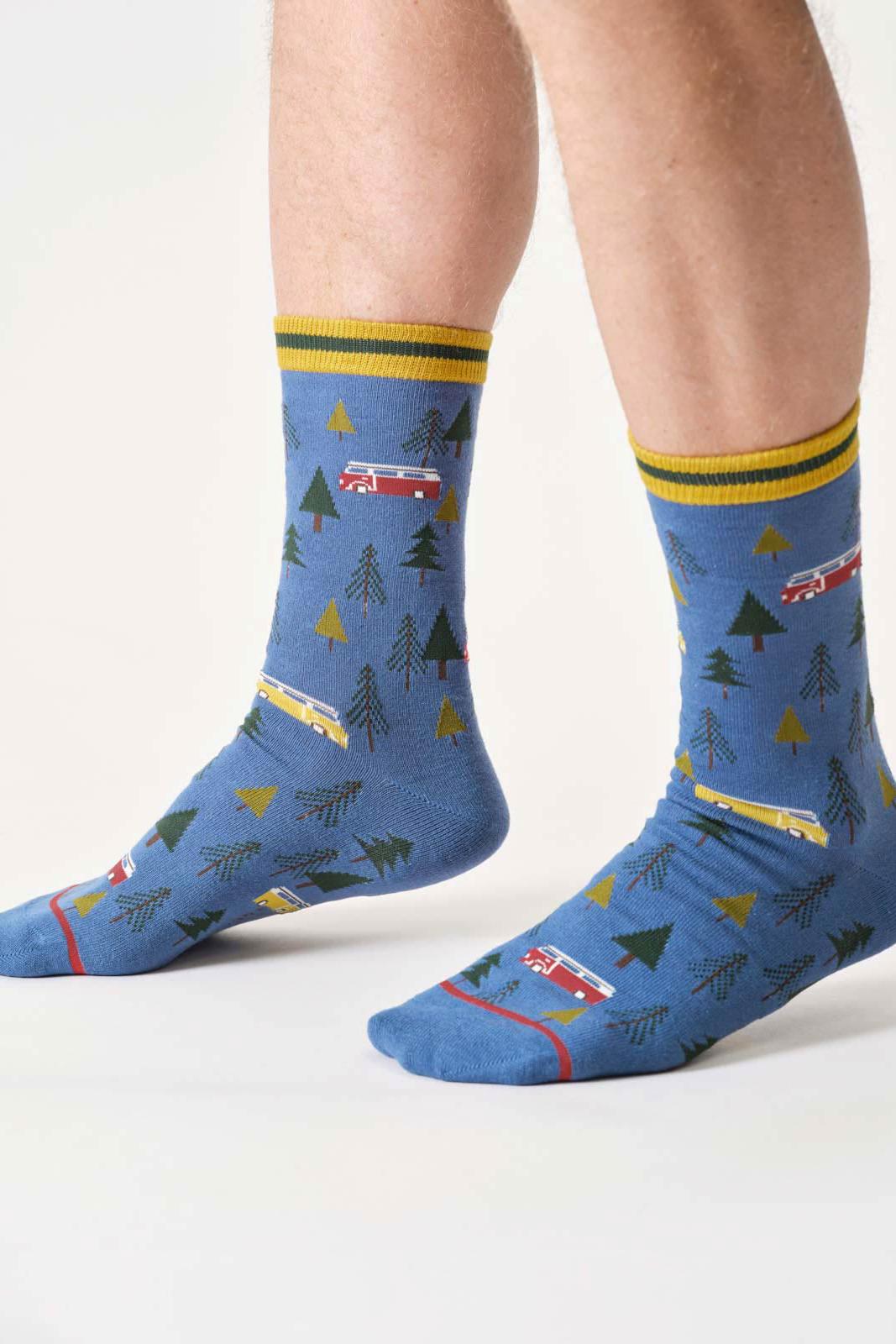 Thought Mens Camper Van Organic Cotton Crew Socks in Mid Blue