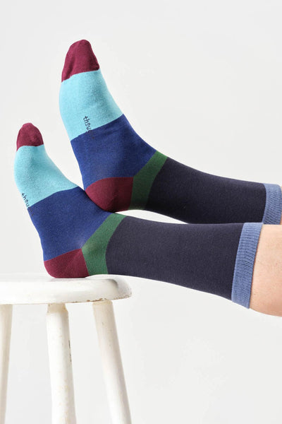 Thought Mens Colour Block Bamboo Crew Socks in Navy Blue