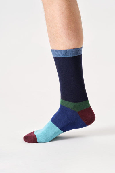 Thought Mens Colour Block Bamboo Crew Socks in Navy Blue