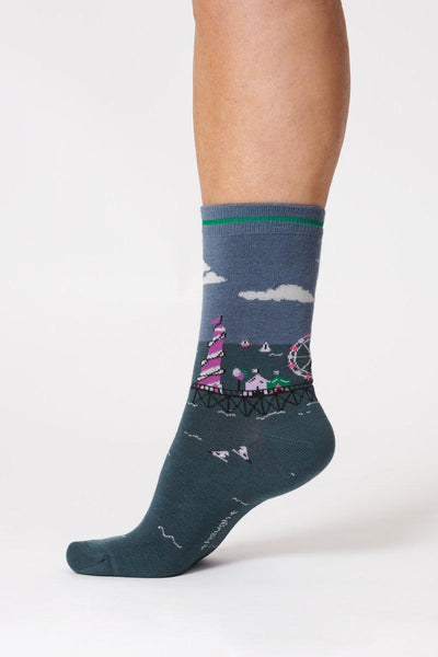 Thought Summer Scene Blueberry Seaside Pier Organic Cotton Socks-Womens-Ohh! By Gum - Shop Sustainable