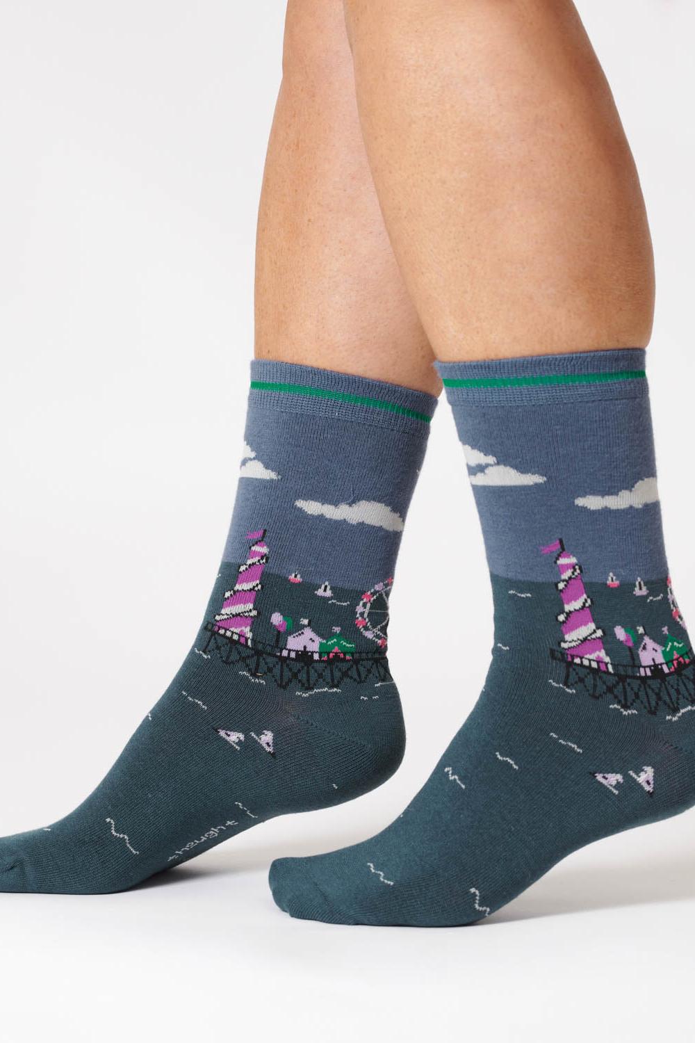 Thought Summer Scene Blueberry Seaside Pier Organic Cotton Socks-Womens-Ohh! By Gum - Shop Sustainable