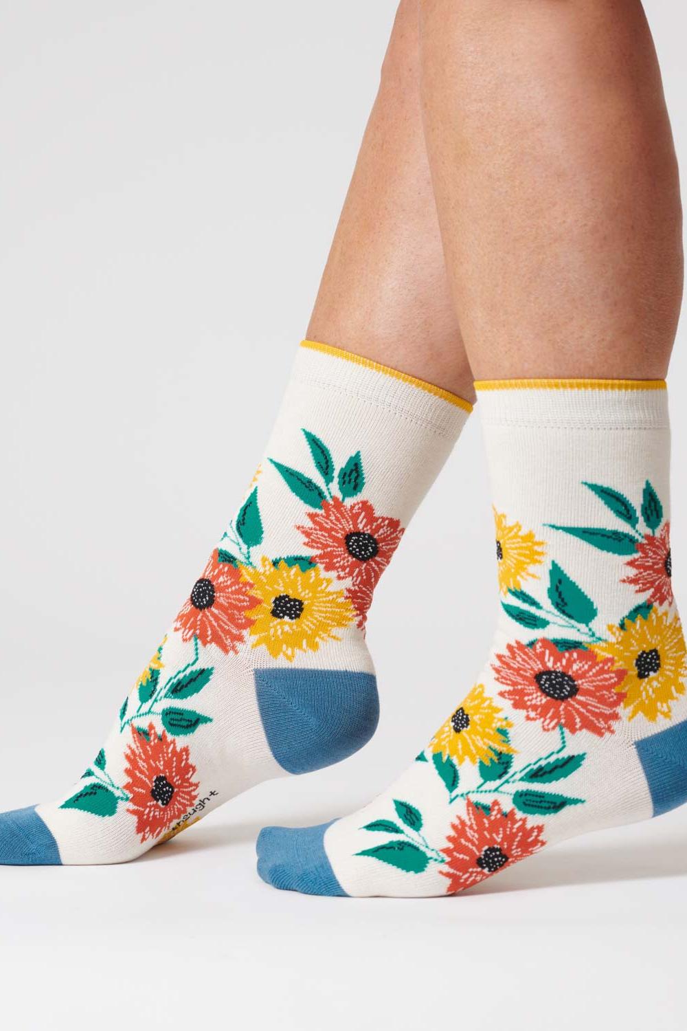 Thought Sunflower Stone White Organic Cotton Socks-Womens-Ohh! By Gum - Shop Sustainable