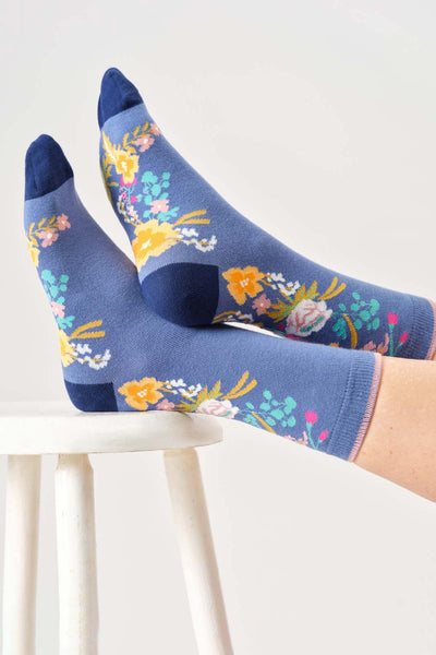 Thought Womens Climbing Floral Organic Cotton Crew Socks in Denim Blue